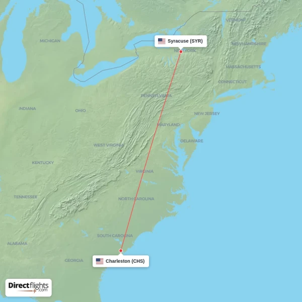 Syracuse - Charleston direct flight map
