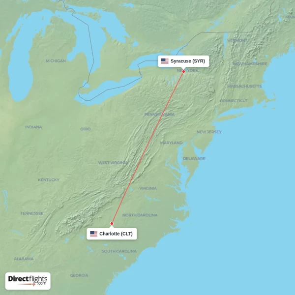Syracuse - Charlotte direct flight map