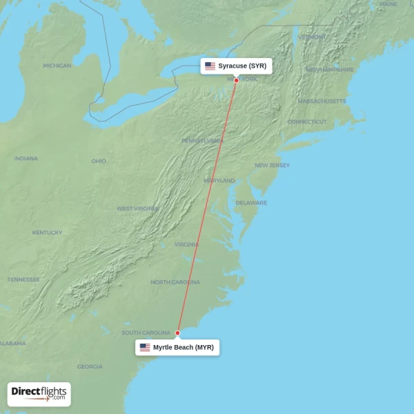 Syracuse - Myrtle Beach direct flight map