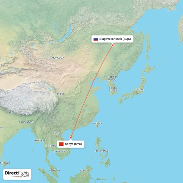 Sanya - Blagoveschensk direct flight map