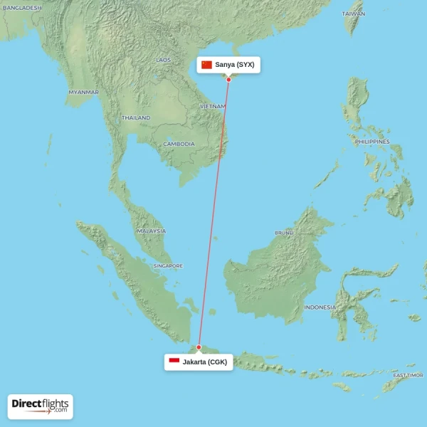 Sanya - Jakarta direct flight map