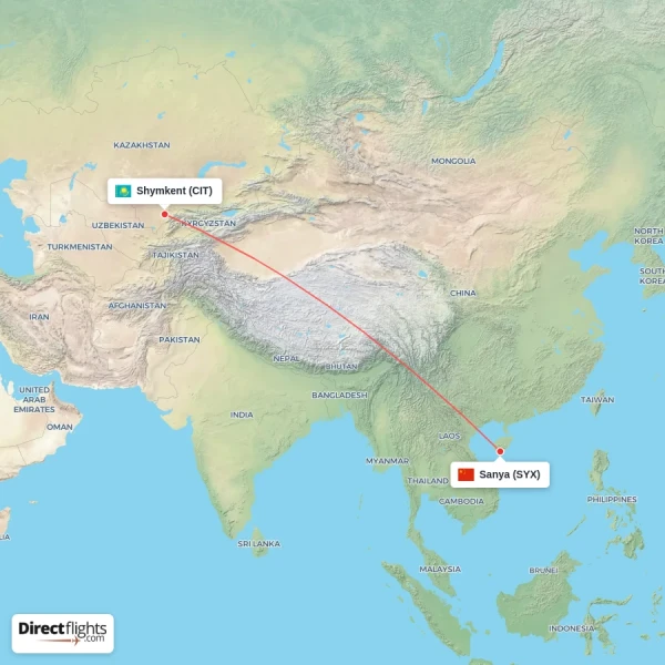 Sanya - Shymkent direct flight map