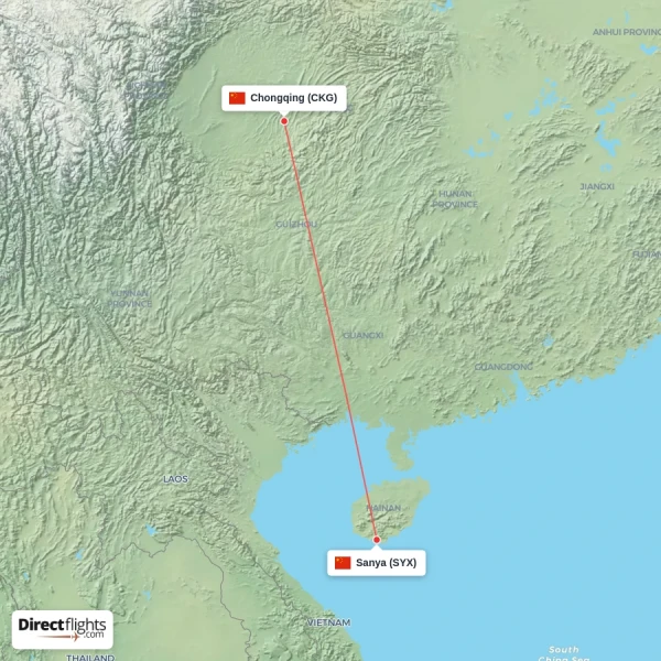 Sanya - Chongqing direct flight map