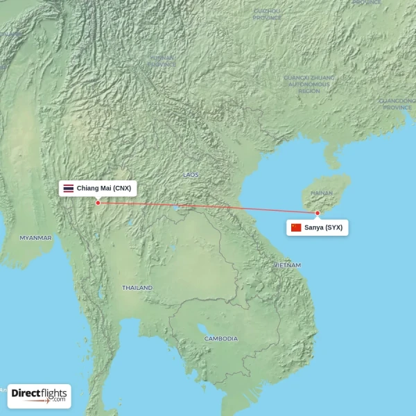 Sanya - Chiang Mai direct flight map