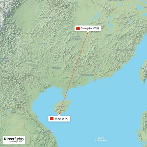 Sanya - Changsha direct flight map