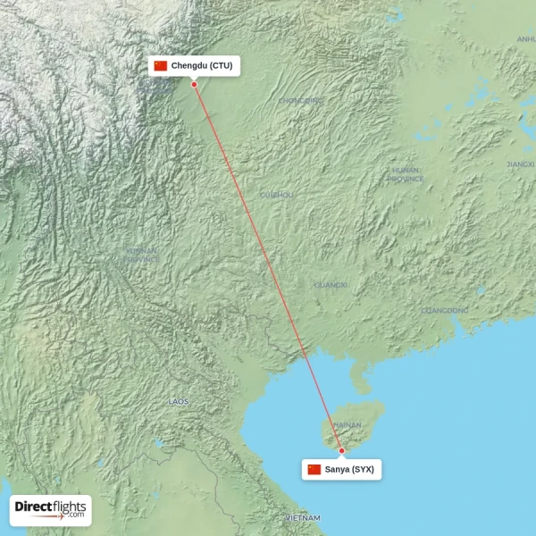 Sanya - Chengdu direct flight map