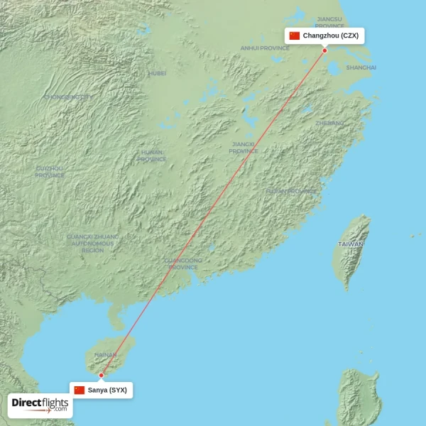 Sanya - Changzhou direct flight map