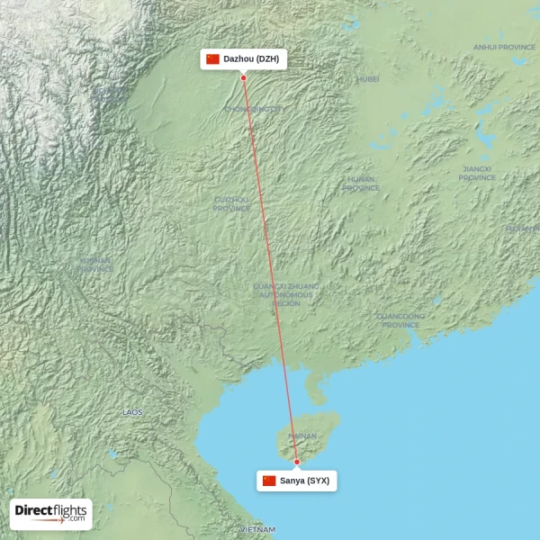 Sanya - Dazhou direct flight map