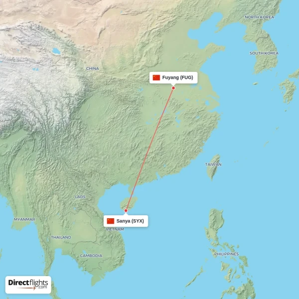 Sanya - Fuyang direct flight map