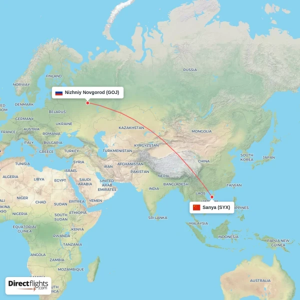 Sanya - Nizhniy Novgorod direct flight map