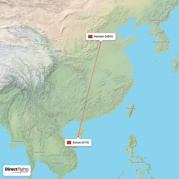 Sanya - Handan direct flight map