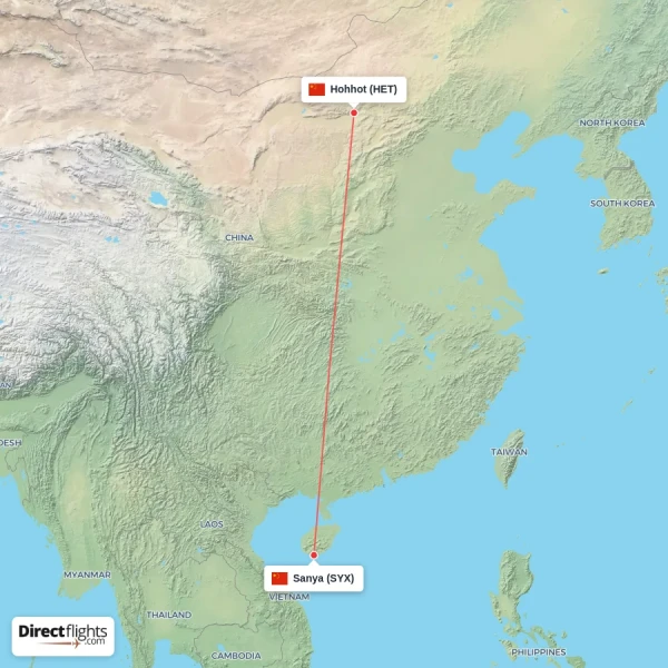 Sanya - Hohhot direct flight map