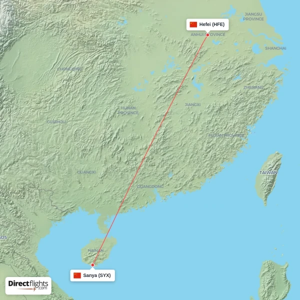 Sanya - Hefei direct flight map