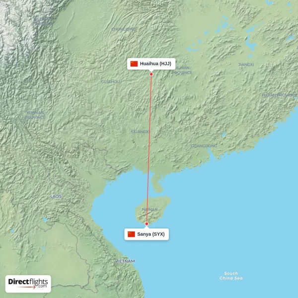 Sanya - Huaihua direct flight map