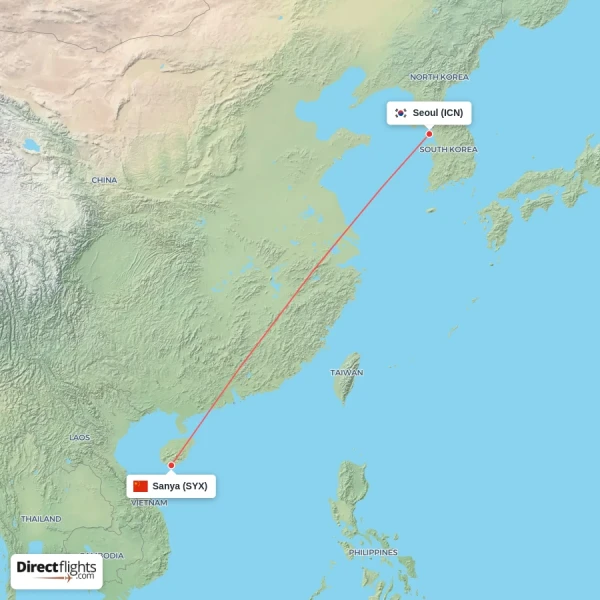 Sanya - Seoul direct flight map