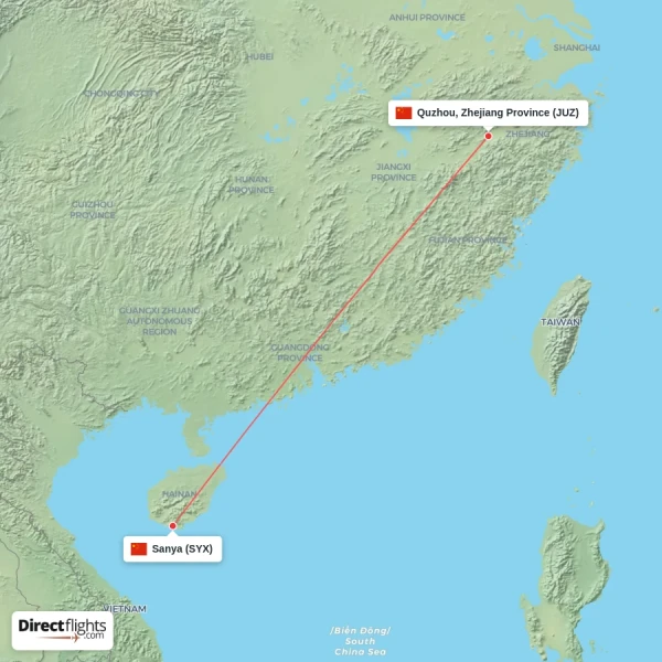 Sanya - Quzhou, Zhejiang Province direct flight map