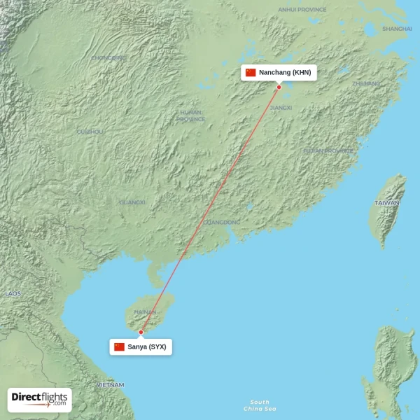 Sanya - Nanchang direct flight map