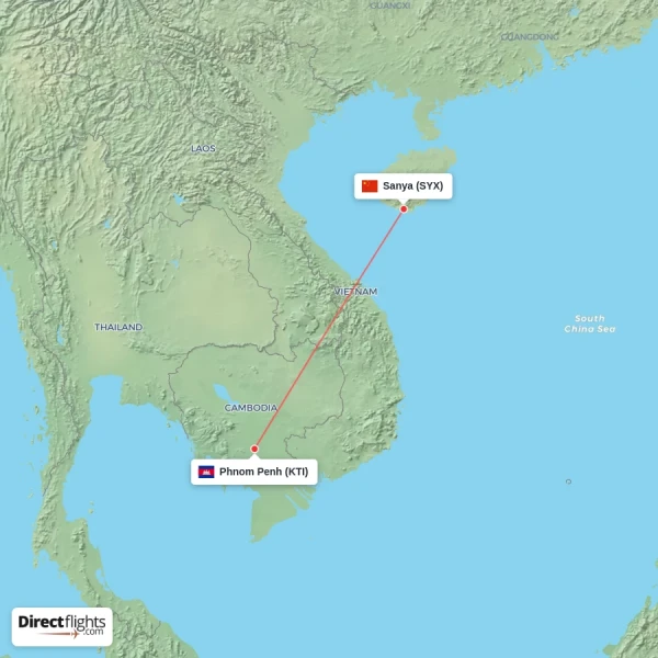Sanya - Phnom Penh direct flight map