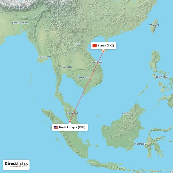 Sanya - Kuala Lumpur direct flight map