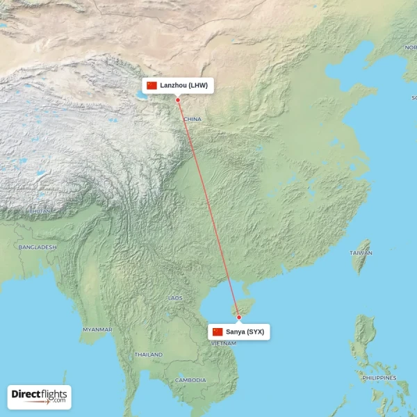 Sanya - Lanzhou direct flight map