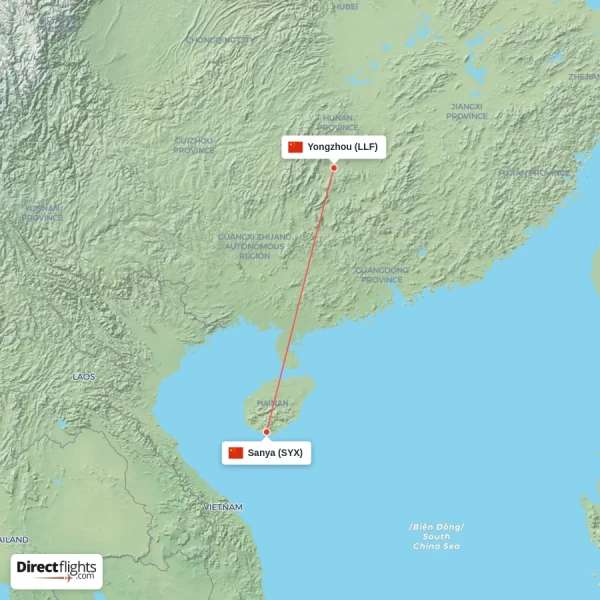 Sanya - Yongzhou direct flight map