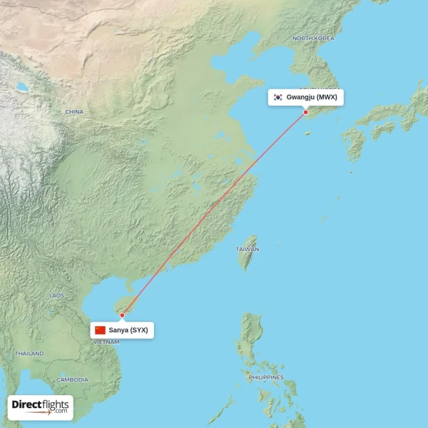 Sanya - Gwangju direct flight map