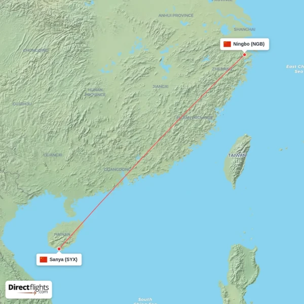 Sanya - Ningbo direct flight map