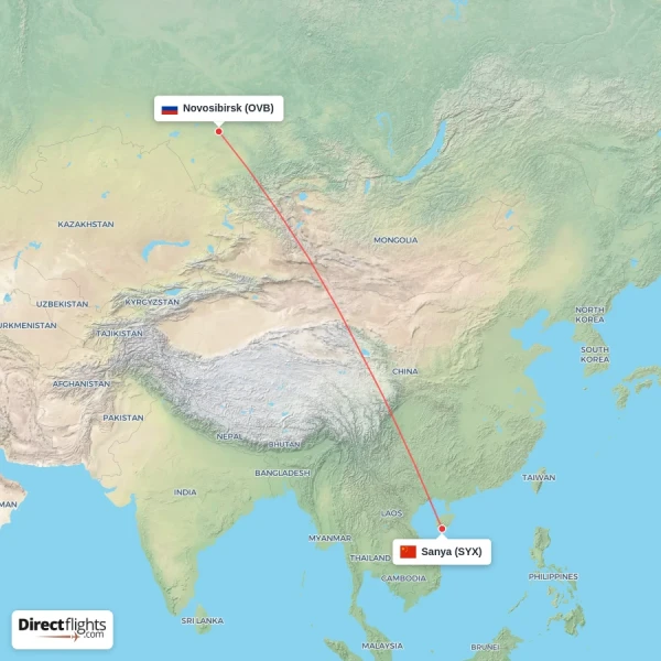 Sanya - Novosibirsk direct flight map