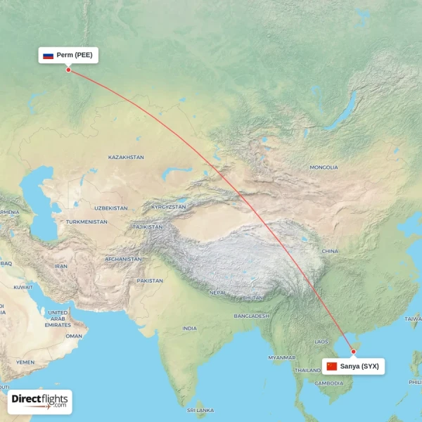 Sanya - Perm direct flight map