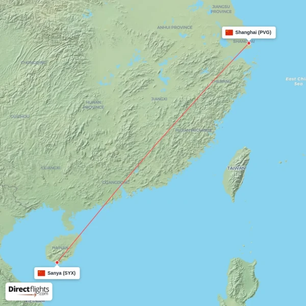 Sanya - Shanghai direct flight map