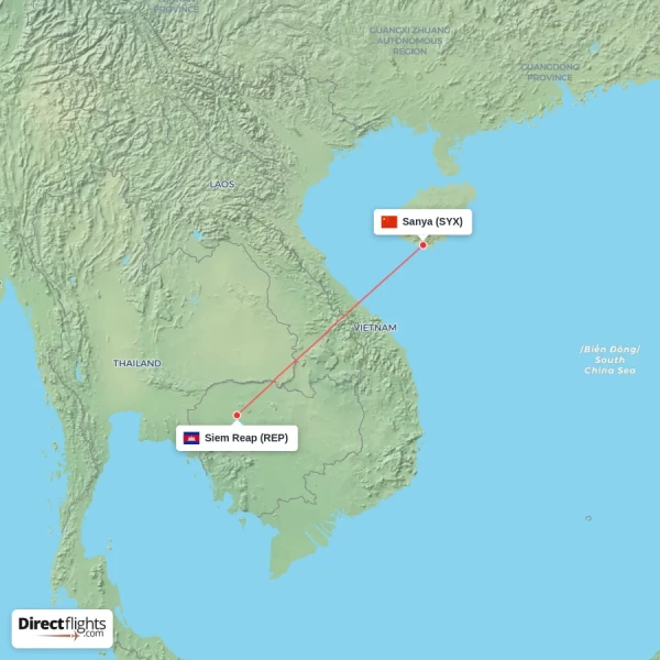 Sanya - Siem Reap direct flight map