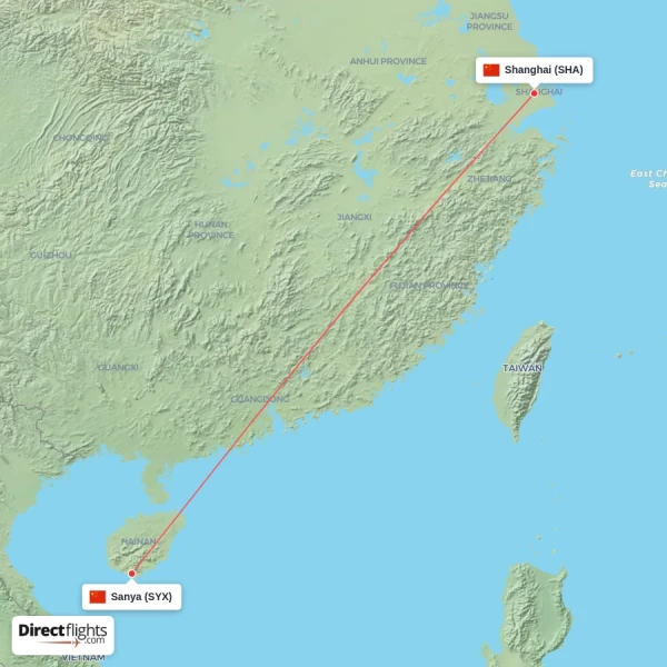 Sanya - Shanghai direct flight map