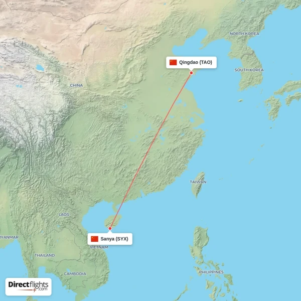 Sanya - Qingdao direct flight map