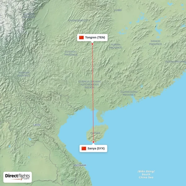 Sanya - Tongren direct flight map