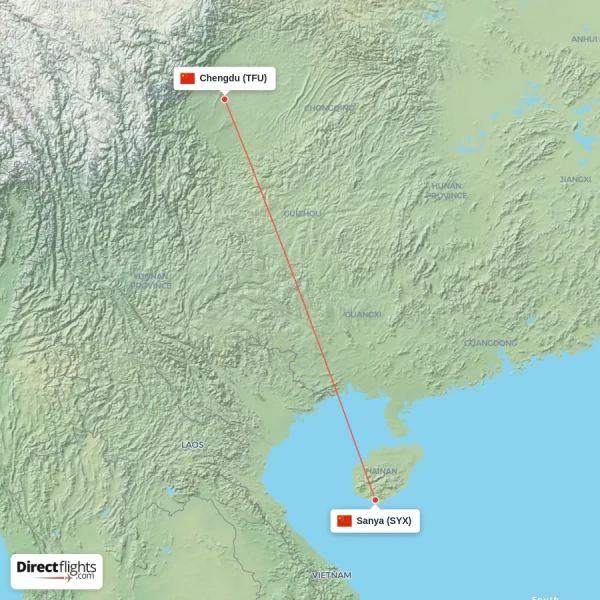 Sanya - Chengdu direct flight map