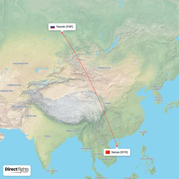 Sanya - Tomsk direct flight map