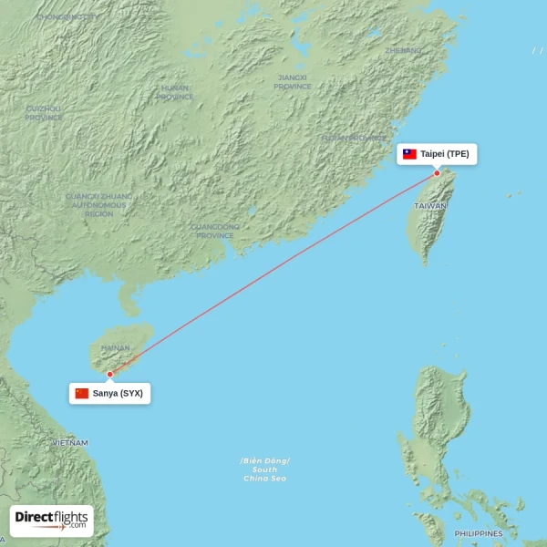 Sanya - Taipei direct flight map