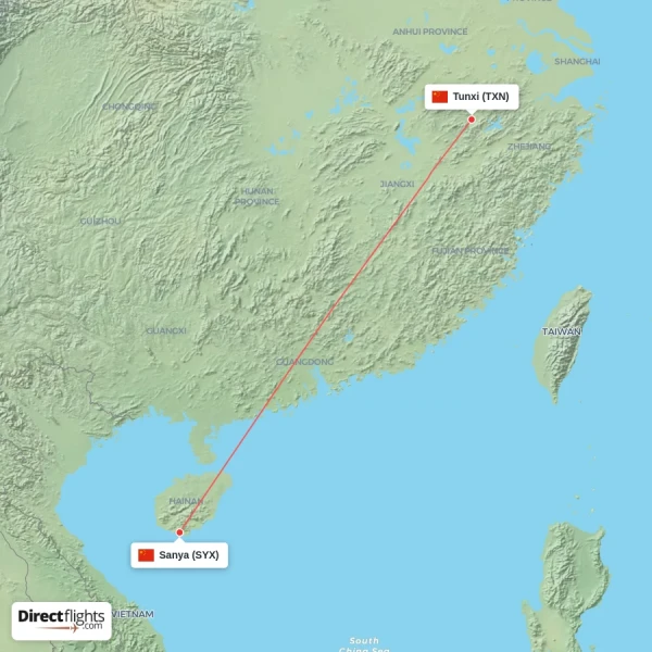 Sanya - Tunxi direct flight map