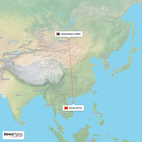 Sanya - Ulaanbaatar direct flight map