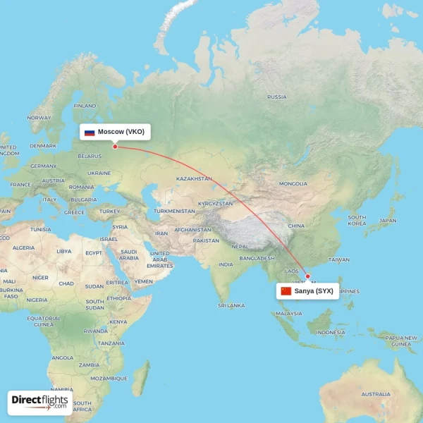 Sanya - Moscow direct flight map