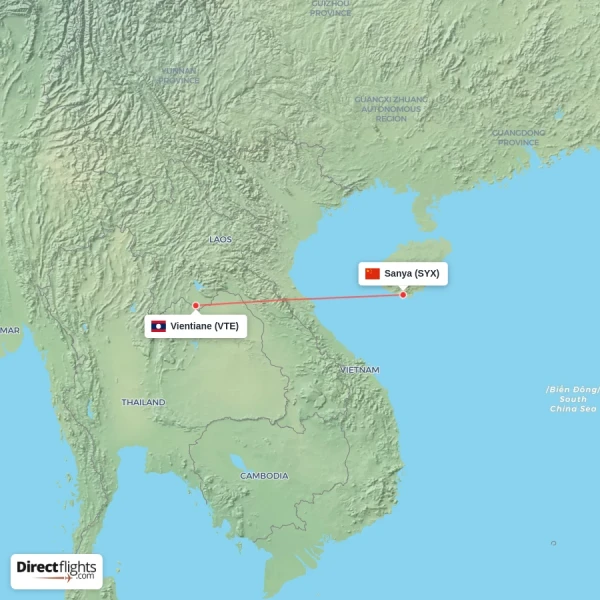 Sanya - Vientiane direct flight map