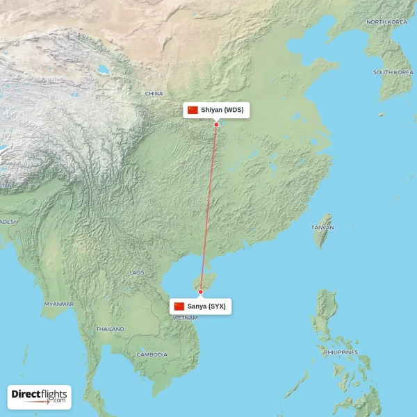 Sanya - Shiyan direct flight map
