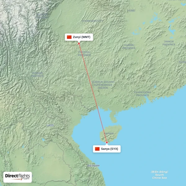 Sanya - Zunyi direct flight map