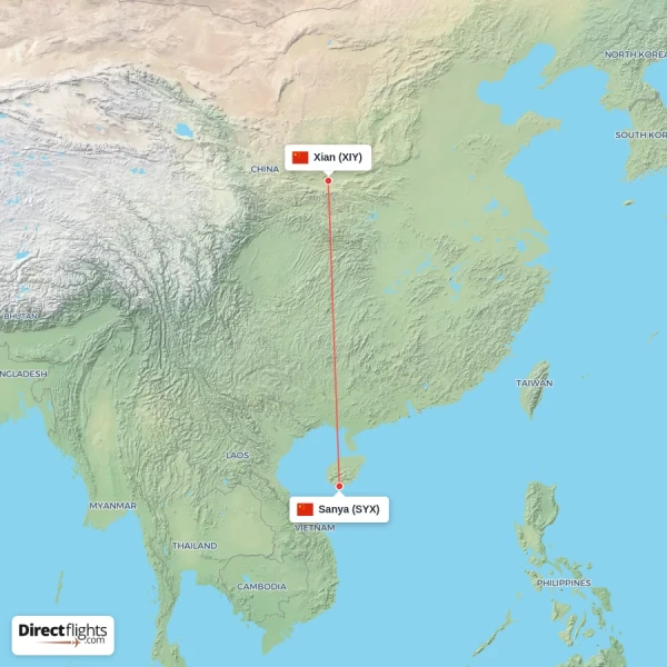 Sanya - Xian direct flight map