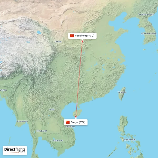 Sanya - Yuncheng direct flight map