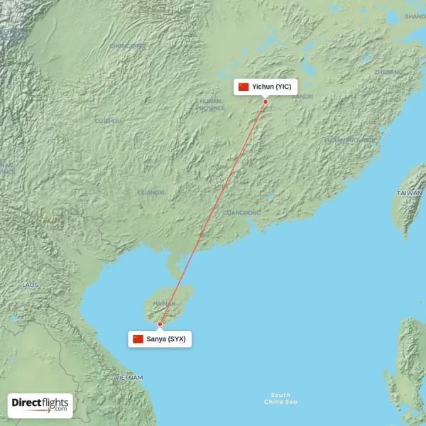 Sanya - Yichun direct flight map