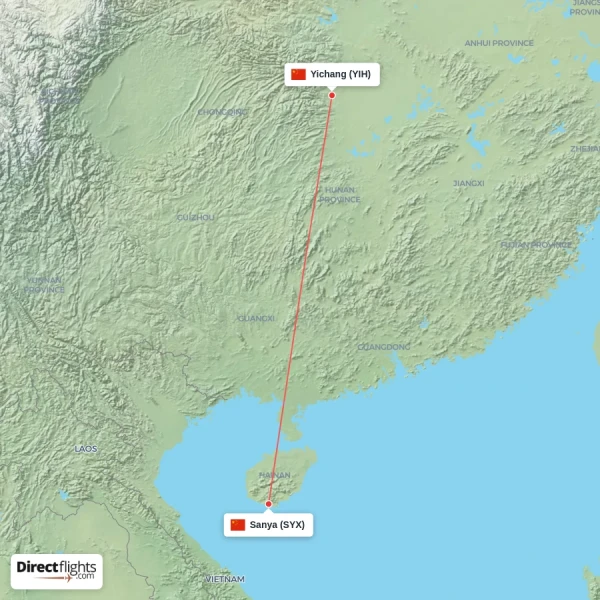 Sanya - Yichang direct flight map