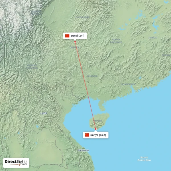 Sanya - Zunyi direct flight map