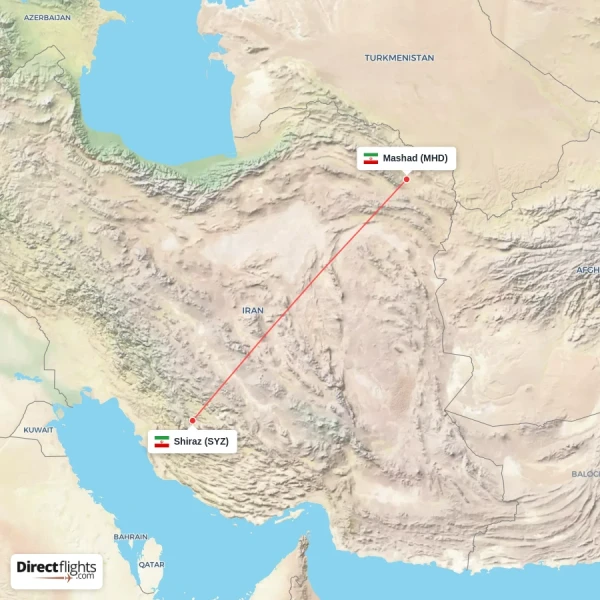 Shiraz - Mashad direct flight map