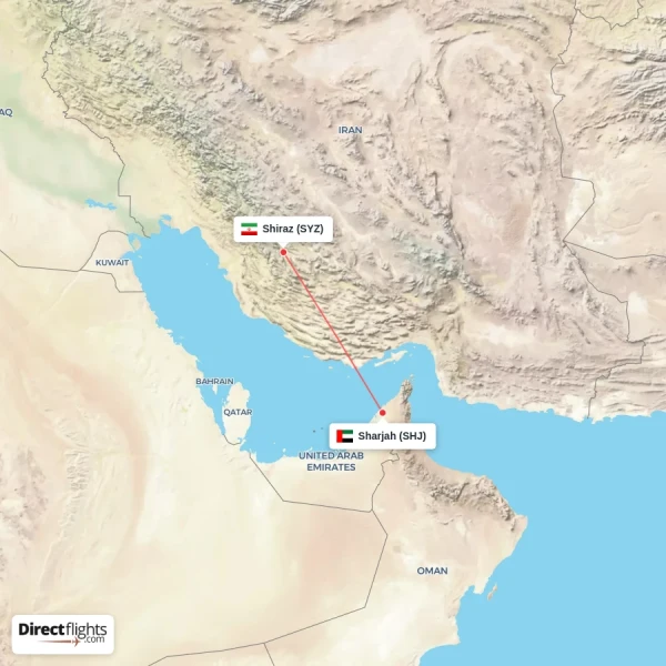 Shiraz - Sharjah direct flight map